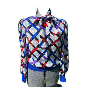 Vintage Umba for Piat 80s Office Wear Tie Neck Ribbed Cuff and Waist Blouse